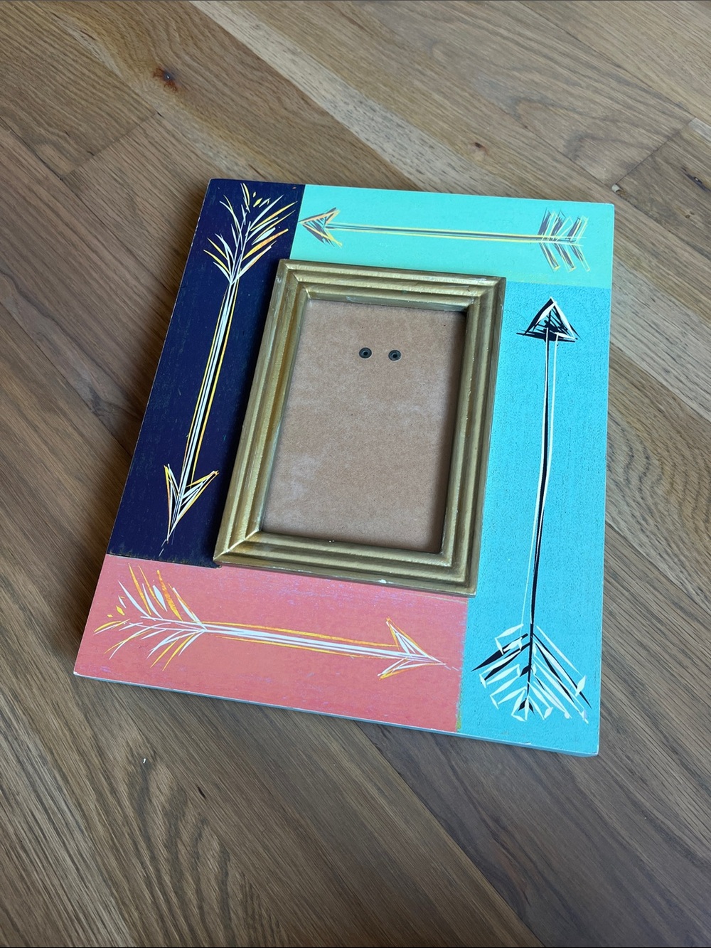 Decorative Arrow Frame in Teal, Coral, Navy with Gold Accent